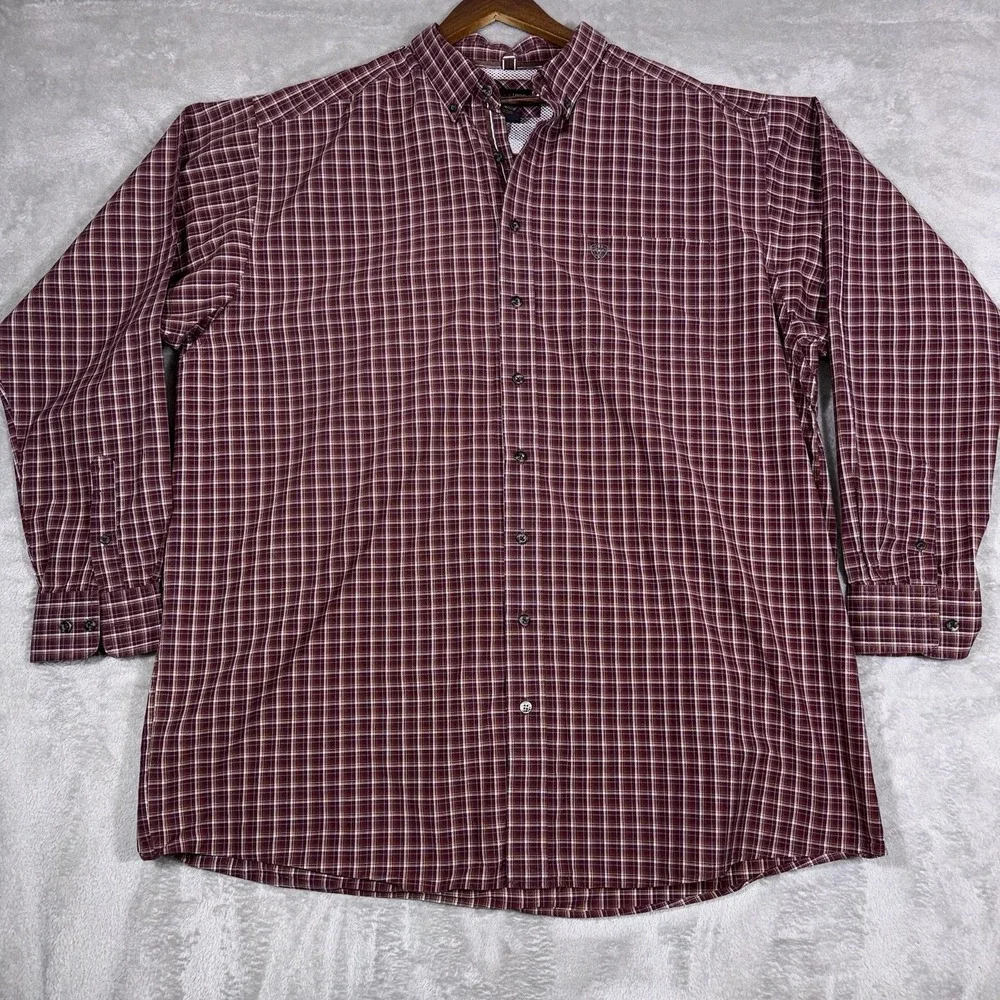 Ariat Pro SeriesShirt Men 2XL Maroon White Plaid Long Sleeve Button Down Western